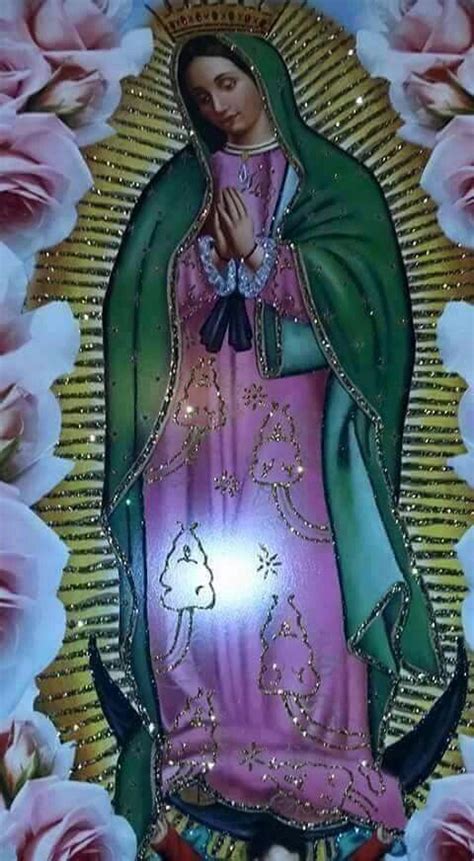 An Image Of The Virgin Mary With Roses In The Background