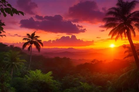 Premium Photo A Stunning Sunset Over A Tropical Rainforest Generated