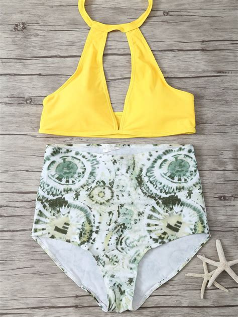 Green Yellow High Waisted Halter Neck Keyhole Bikini Rosegal