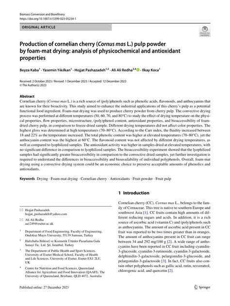 Pdf Production Of Cornelian Cherry Cornus Mas L Pulp Powder By Foam Mat Drying Analysis Of