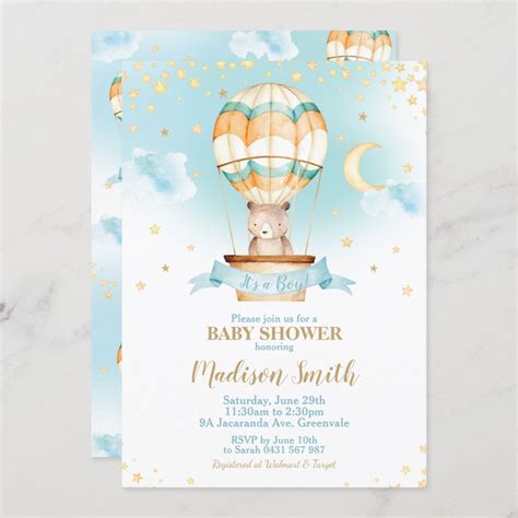 Hot Air Balloon Teddy Bear Baby Shower Boy Invitation Zazzle