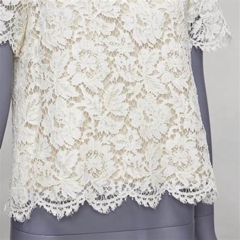 VALENTINO White Lace Nude Overlay Scallop Cuff Hem Boxy Crop Top For Sale At StDibs