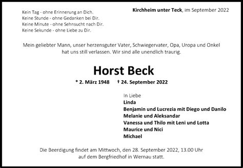 Traueranzeigen Von Horst Beck Zeit Des Gedenkens De