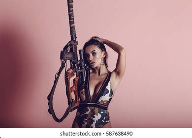 Hot Sexy Brunette Girl Gun On Stock Photo 587638436 Shutterstock