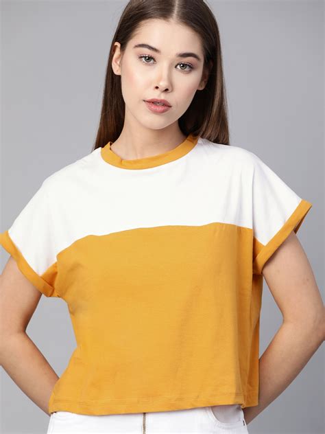 Buy Roadster Women Mustard Yellow White Colourblocked Round Neck Crop