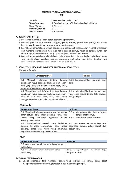 Rpp Kelas Tema St P Rencana Pelaksanaan Pembelajaran