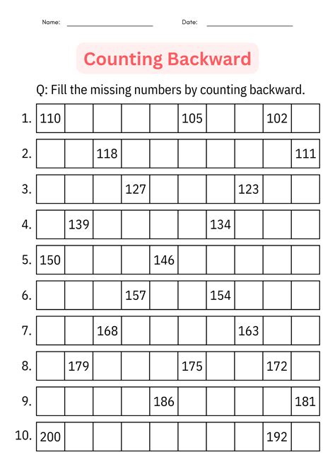 Printable Counting Backward 1 To 500 Number Math Worksheet For Grade 1 2 3 Made By Teachers