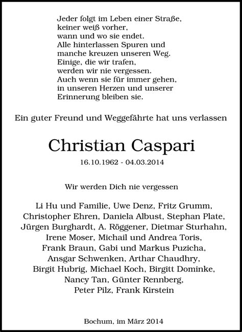 Traueranzeigen Von Christian Caspari Trauer In NRW De