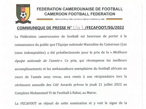 Caf Awards La Fecafoot Se F Licite De La Nomination De Vincent