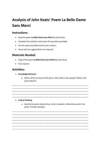 Analysis Of John Keats Poem La Belle Dame Sans Merci Teaching Resources