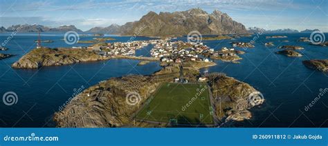 Incredible Aerial View of Henningsvaer, Football Field and Mountains in ...