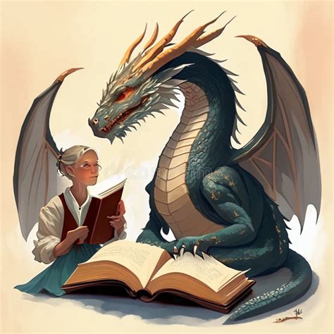 Dragon Reading A Book Illustration Of A Fantasy Dragon Reading A Book