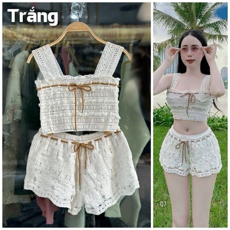 Set bikini mảnh đồ bơi len móc đi biển món gồm áo dây bản to