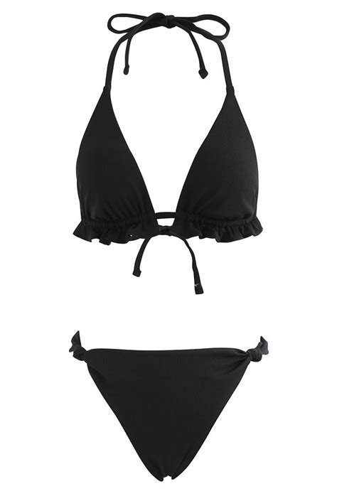 Ensemble de bikini triangle noir uni à col licou Retro Indie and Unique Fashion