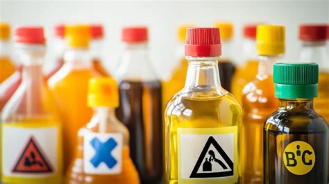 Bottles Of Toxic Household Chemicals With Warning Signs On White