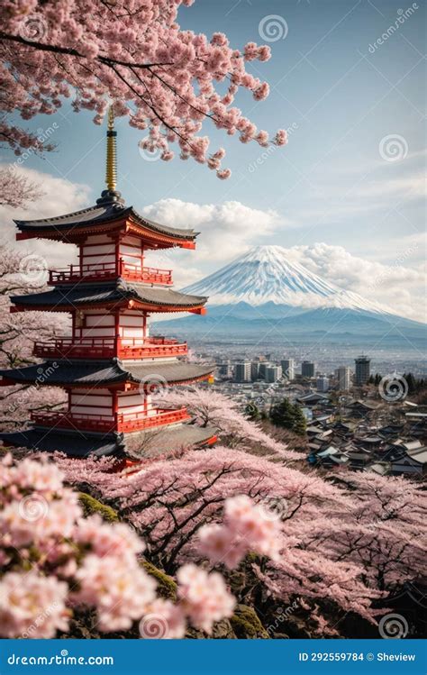 Mt Fuji and Cherry Blossom at Kawaguchiko Lake in Japan Stock ...