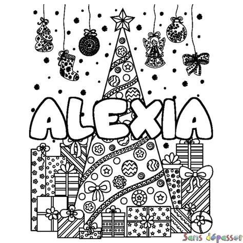 Coloriage Prénom Alexia Décor Sapin Et Cadeaux Sans Dépasser