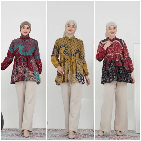 Jual Moudy Blouse Baju Batik Kerja Wanita Lengan Balon Atasan Batik