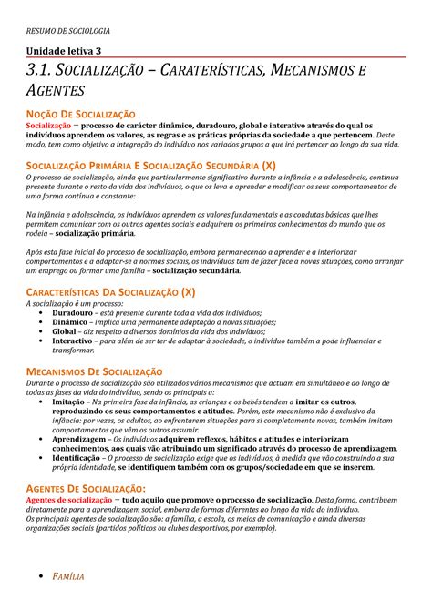 Sociologia Unidades 3e4 RESUMO DE SOCIOLOGIA Unidade Letiva 3 3