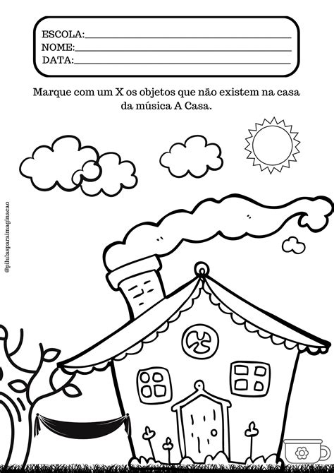 A Coloring Page With A House In The Middle And Clouds Above It As Well