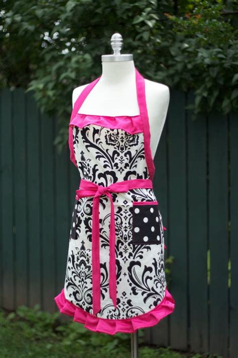 Damask And Polka Dot Ladies Ruffled Apron Etsy Ruffle Apron