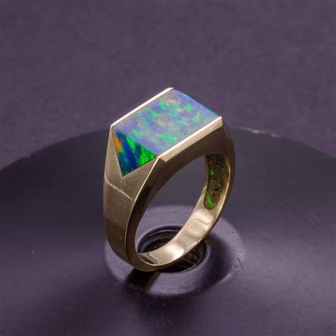 Solid Iridescence Gold Signet Ring With Large Lab Made Black Opal Inlay