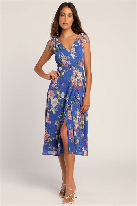 Blue Floral Midi Dress Wrap Dress Tie Strap Midi Dress Lulus