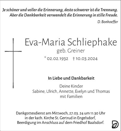 Traueranzeigen Von Eva Maria Schliephake Trauer Anzeigen De