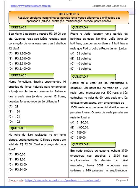 Apostila Habilidades da BNCC de matemática do 9º ano 50 QUESTÕES