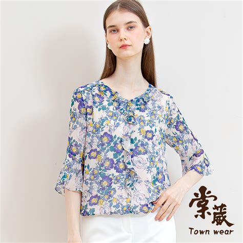 【townwear棠葳】滿版印花拼接荷葉雪紡上衣 女上衣 女上著 七分袖 鑽飾 透膚 雪紡上衣 Yahoo奇摩購物中心