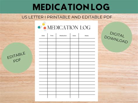 Medication Log, Printable Medication Log, Editable PDF, Digital ...