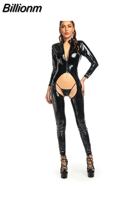 Billionm Sexy Crotchless Latex Bodysuit Double Zipper Jumpsuit For Hot Women Breast Exposing