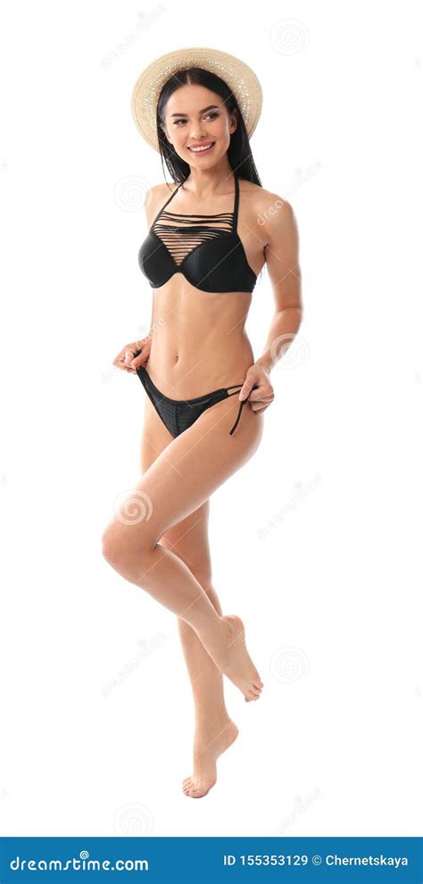 Sch Ne Junge Frau Im Schwarzen Bikini Mit Hut Auf Wei Stockbild Bild