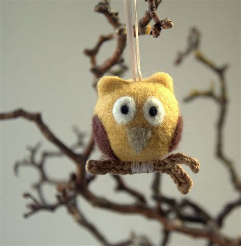 2 Needle Felted Owls Ornament On Crochet Wooden Branch T Etsy