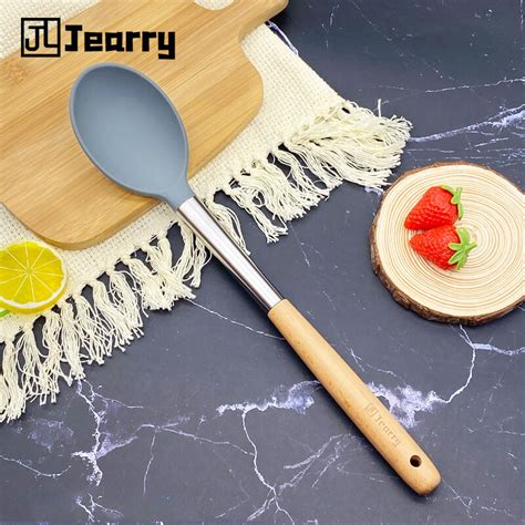 Jearry Stainless Steel Sicilone Ladle Wooden Handle Heat Resistant Food