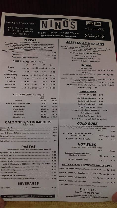 Menu At Nino S NY Pizzeria Weedsport