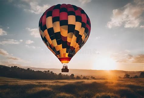 Hot Air Balloon Rising Over Golden Field In The Morning Sun Stock