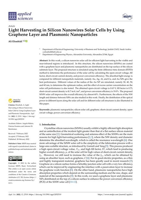 Pdf Light Harvesting In Silicon Nanowires Solar Cells By Using Graphene Layer And Plasmonic