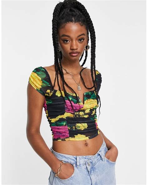 Asos Ruched Mesh Crop Top With V Bar Lyst Australia