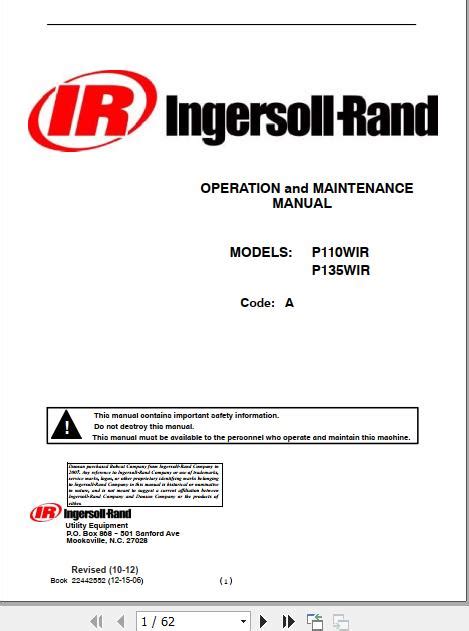 Ingersoll Rand Portable Compressor P135 Operation And Maintenance