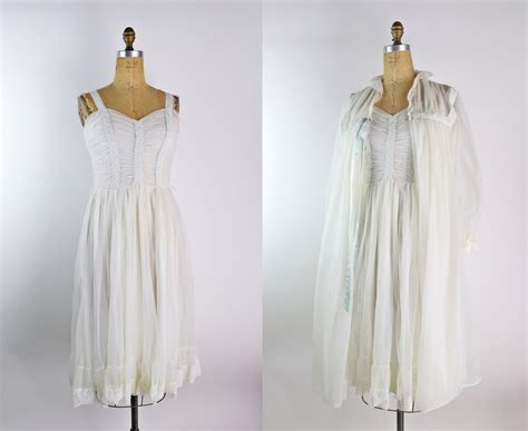 50s Wedding Lingerie Set White Peignoir Set Vintage Nightgown Vintage Robe Slips Size