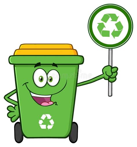 Smiling Green Recycle Bin Cartoon Mascot Character Holding a Blank Sign ...