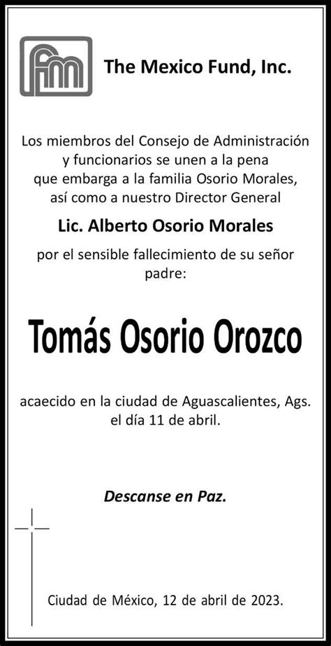 Señor Tomás Osorio Orozco Obituario Esquela