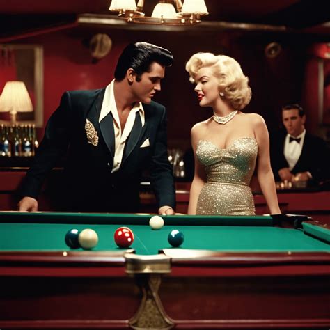 una imagen de elvis presley con marilyn monroe jugando billar en un club com avisos de coca cola ...