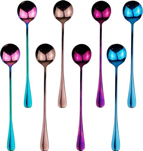 8 Pcs Long Handle Tea Spoon Stainless Steel Multicolored For Mixing Coffee And Ice