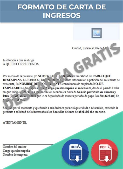 Carta De Ingresos Ejemplos Y Formatos Word Pdf