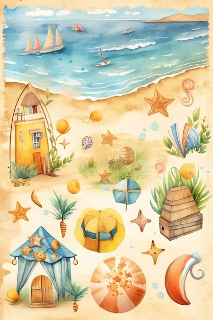 Premium Photo | A watercolor illustration of a beach scene with a beach ...