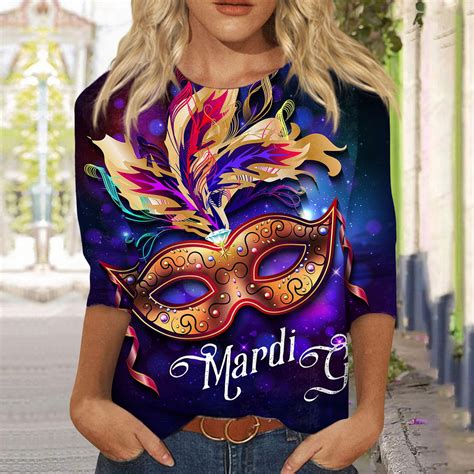 TQWQT Womens Mardi Gras Tops 3 4 Sleeve Crewneck Cute Shirts Casual