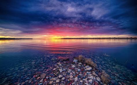 Wallpaper X Px Blue Clouds Lake Landscape Nature Pink