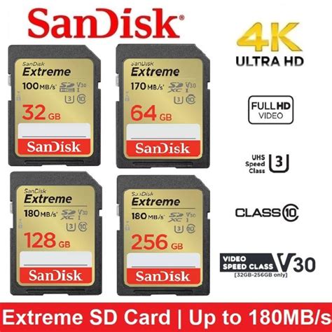 Sandisk Extreme Sd Card Sdhcsdxc 32gb 64gb 128gb 256gb 180mbs 4k